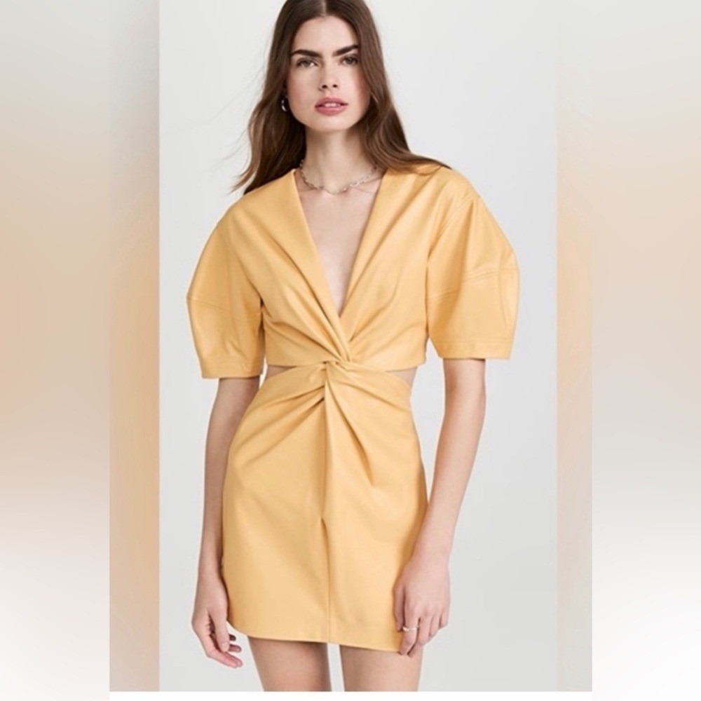 ALC Alex Yellow Faux Leather Mini Dress Cutout Waist Twist Front Size‎ 2